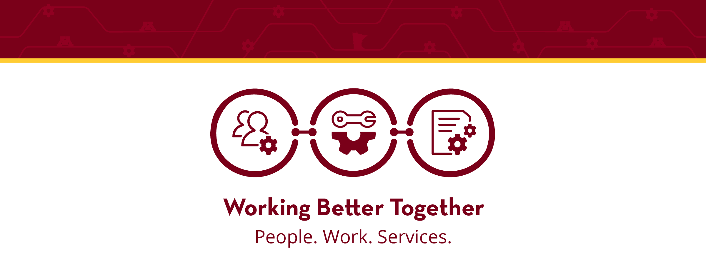 Decorative Graphic with interlocking Icons for People, Work & Services with tagline: Working Better Together. People. Work. Services.